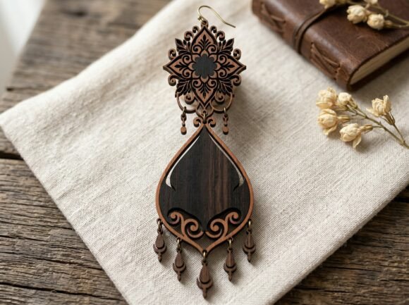 Intricate Wooden Chandelier Earring Laser Cutting