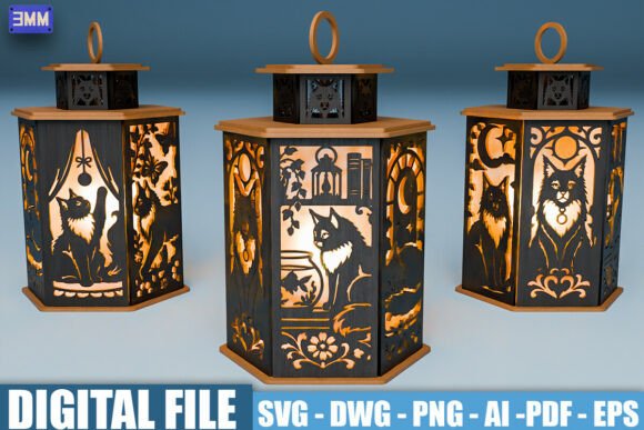 Maine Coon Cat Lantern SVG for Laser Cutting Stands