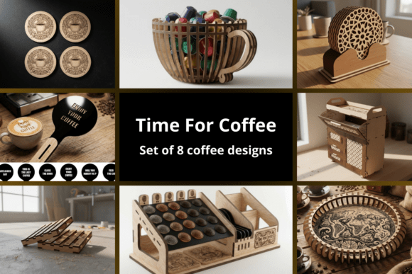 Set of 8 Coffee Designs SVG for Laser Cutting